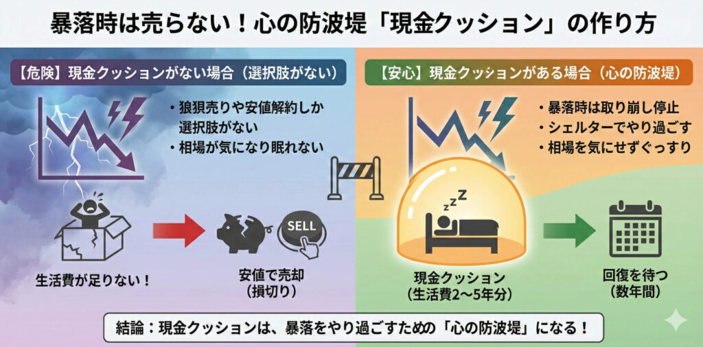 暴落時は売らない!心の防波堤「現金クッション」の作り方