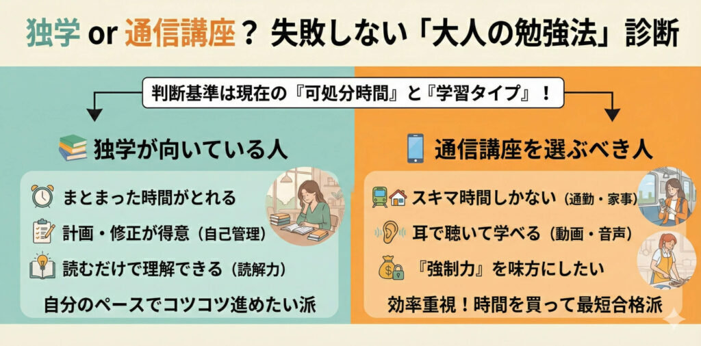 【結論】「独学」が向いている人、「通信講座」を選ぶべき人