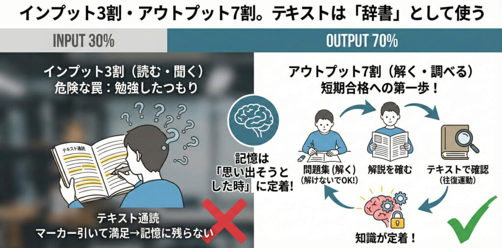 インプット3割・アウトプット7割。テキストは「辞書」として使う